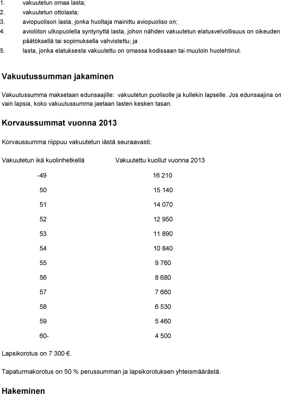 lasta, jonka elatuksesta vakuutettu on omassa kodissaan tai muutoin huolehtinut. Vakuutussumman jakaminen Vakuutussumma maksetaan edunsaajille: vakuutetun puolisolle ja kullekin lapselle.