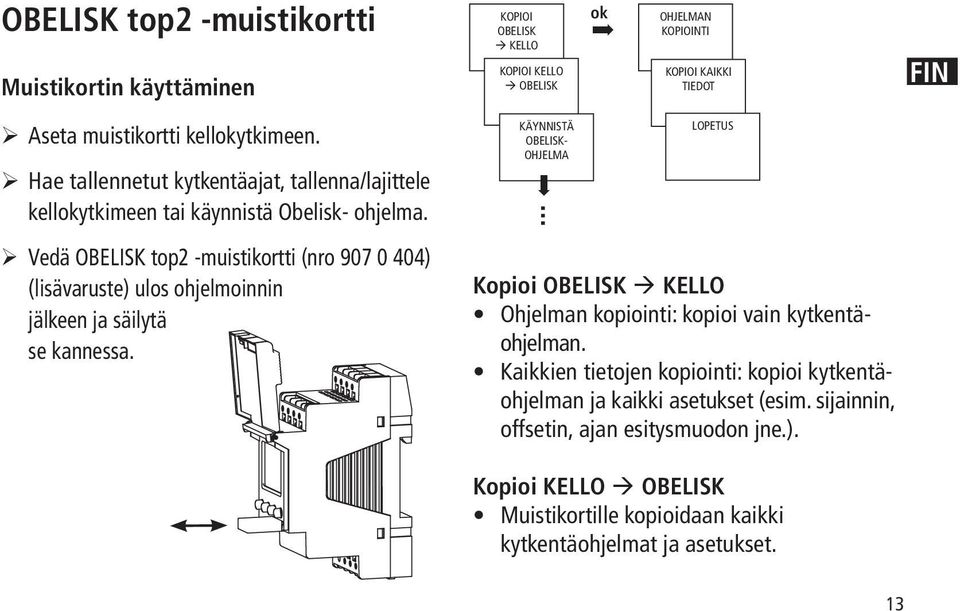 Vedä OBELISK top2 -muistikortti (nro 907 0 404) (lisävaruste) ulos ohjelmoinnin jälkeen ja säilytä se kannessa. KÄYNNISTÄ OBELISK- OHJELMA.