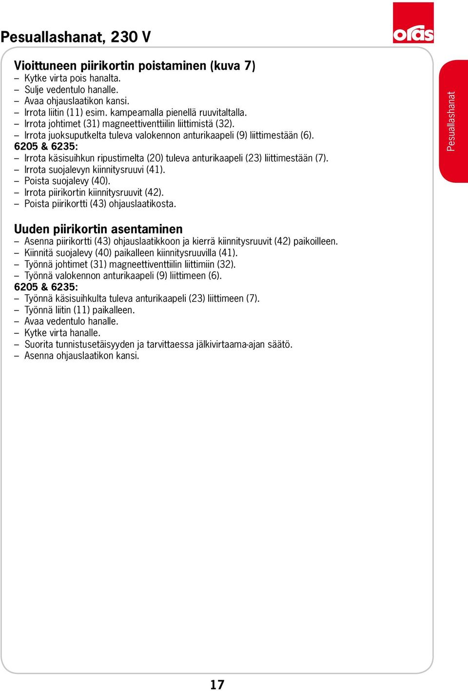 6205 & 6235: Irrota käsisuihkun ripustimelta (20) tuleva anturikaapeli (23) liittimestään (7). Irrota suojalevyn kiinnitysruuvi (41). Poista suojalevy (40). Irrota piirikortin kiinnitysruuvit (42).