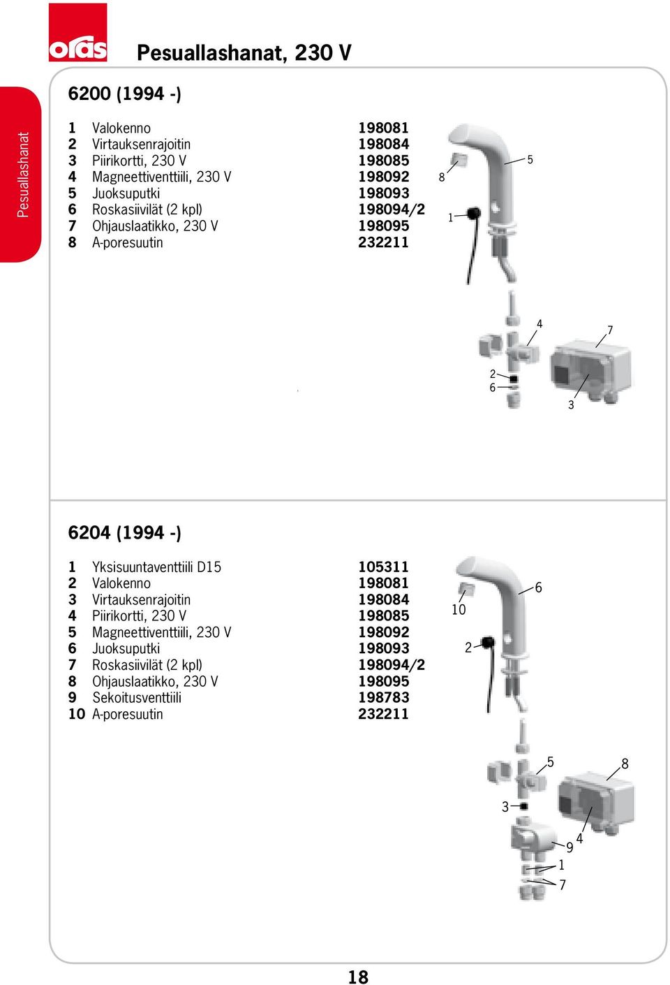198095 8 A-poresuutin. 232211 6204 (1994 -) 1 Yksisuuntaventtiili D15. 105311 2 Valokenno. 198081 3 Virtauksenrajoitin.