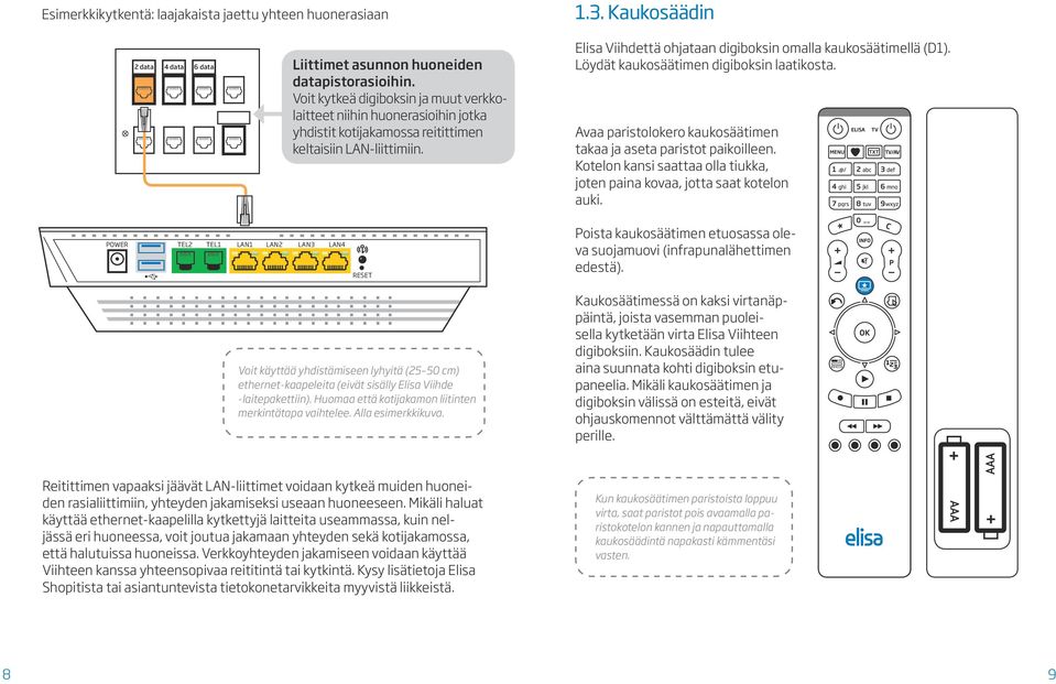 Kaukosäädin Elisa Viihdettä ohjataan digiboksin omalla kaukosäätimellä (D1). Löydät kaukosäätimen digiboksin laatikosta. Avaa paristolokero kaukosäätimen takaa ja aseta paristot paikoilleen.