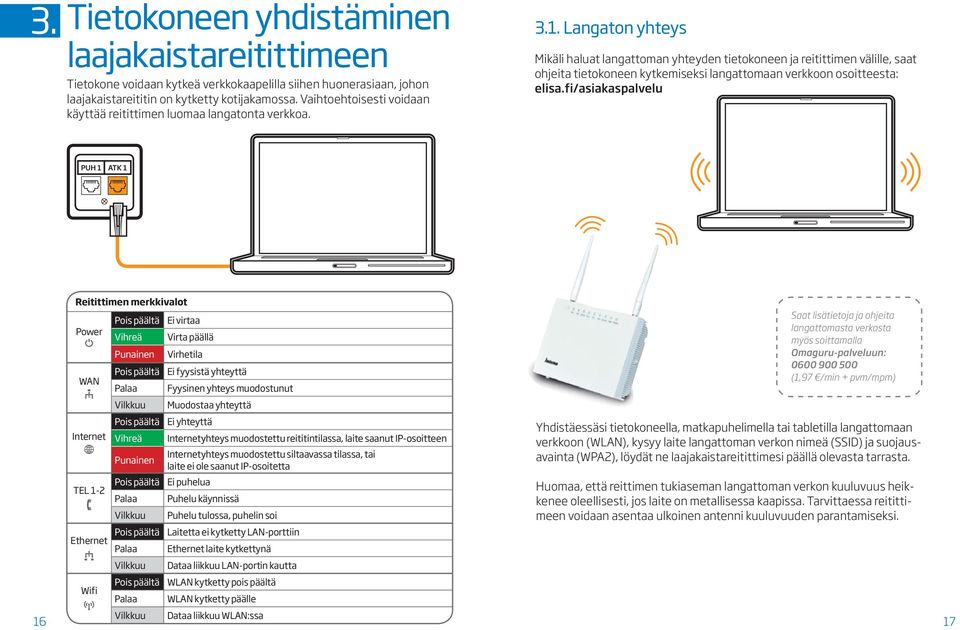 Langaton yhteys Mikäli haluat langattoman yhteyden tietokoneen ja reitittimen välille, saat ohjeita tietokoneen kytkemiseksi langattomaan verkkoon osoitteesta: elisa.