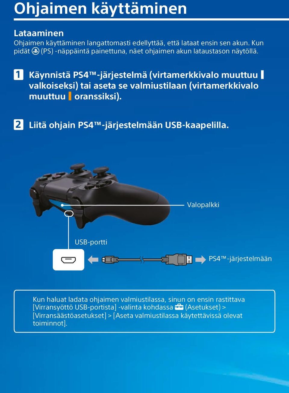 Käynnistä PS4 -järjestelmä (virtamerkkivalo muuttuu valkoiseksi) tai aseta se valmiustilaan (virtamerkkivalo muuttuu oranssiksi).