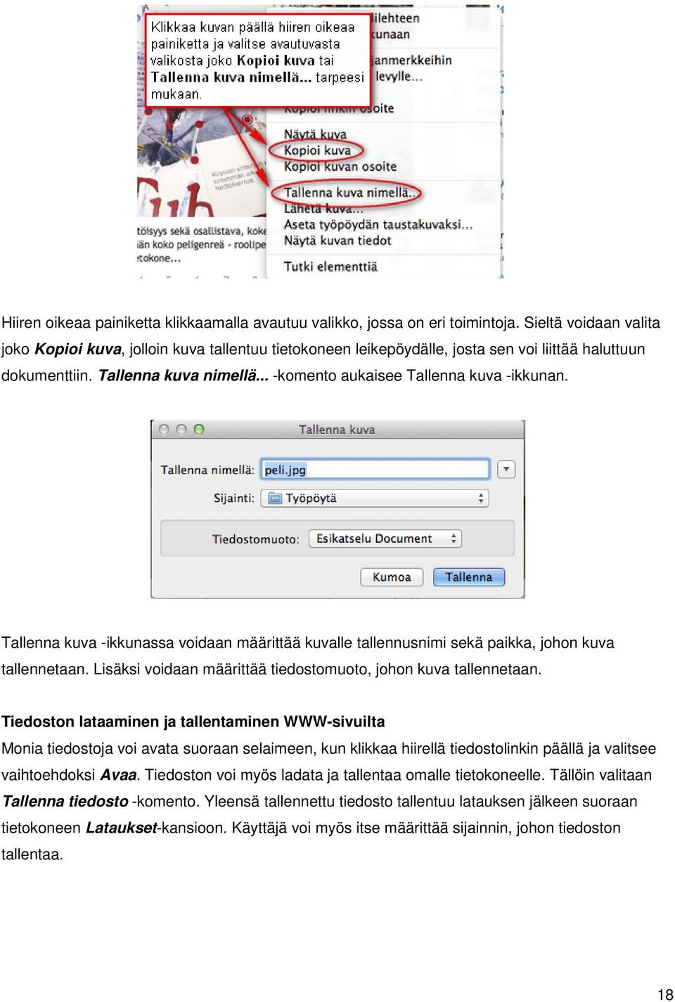 Tallenna kuva -ikkunassa voidaan määrittää kuvalle tallennusnimi sekä paikka, johon kuva tallennetaan. Lisäksi voidaan määrittää tiedostomuoto, johon kuva tallennetaan.