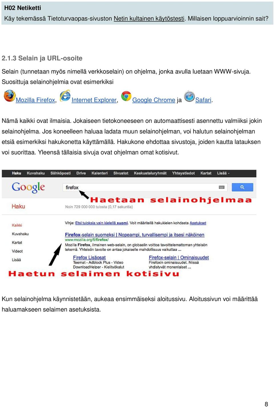 Suosittuja selainohjelmia ovat esimerkiksi Mozilla Firefox, Internet Explorer, Google Chrome ja Safari. Nämä kaikki ovat ilmaisia.