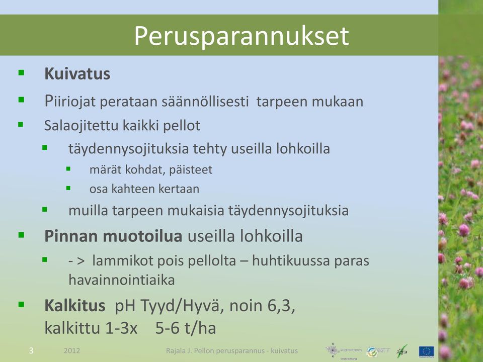 muilla tarpeen mukaisia täydennysojituksia Pinnan muotoilua useilla lohkoilla - > lammikot pois