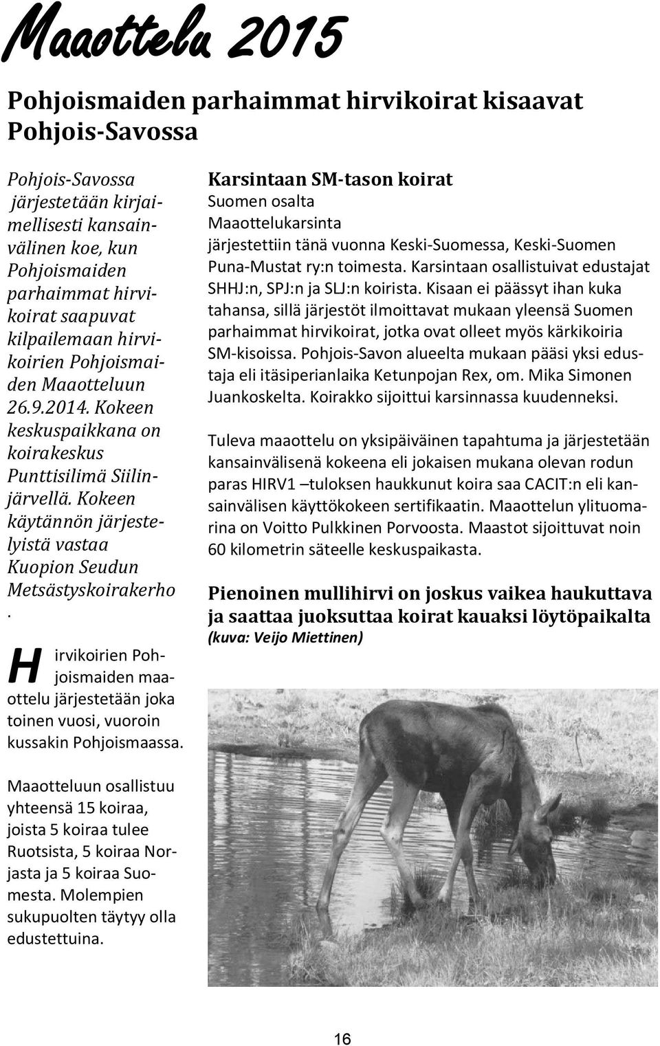 Kokeen käytännön järjestelyistä vastaa Kuopion Seudun Metsästyskoirakerho. H irvikoirien Pohjoismaiden maaottelu järjestetään joka toinen vuosi, vuoroin kussakin Pohjoismaassa.