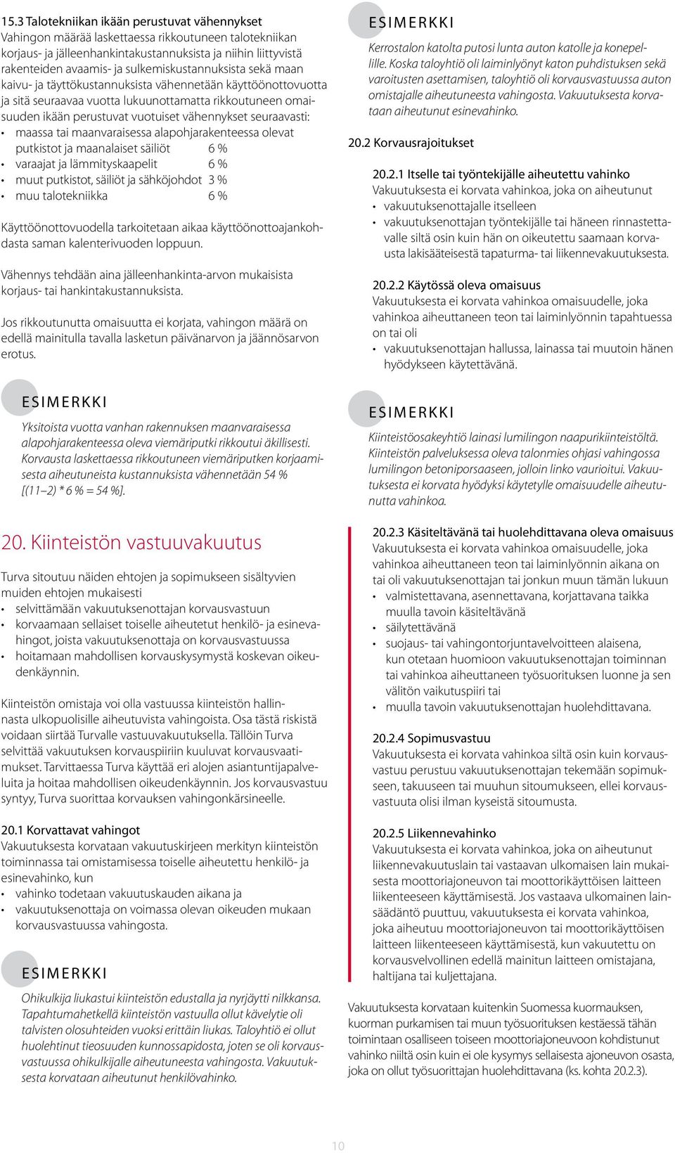 seuraavasti: maassa tai maanvaraisessa alapohjarakenteessa olevat putkistot ja maanalaiset säiliöt 6 % varaajat ja lämmityskaapelit 6 % muut putkistot, säiliöt ja sähköjohdot 3 % muu talotekniikka 6