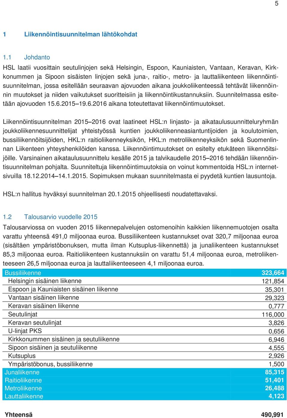 liikennöintisuunnitelman, jossa esitellään seuraavan ajovuoden aikana joukkoliikenteessä tehtävät liikennöinnin muutokset ja niiden vaikutukset suoritteisiin ja liikennöintikustannuksiin.