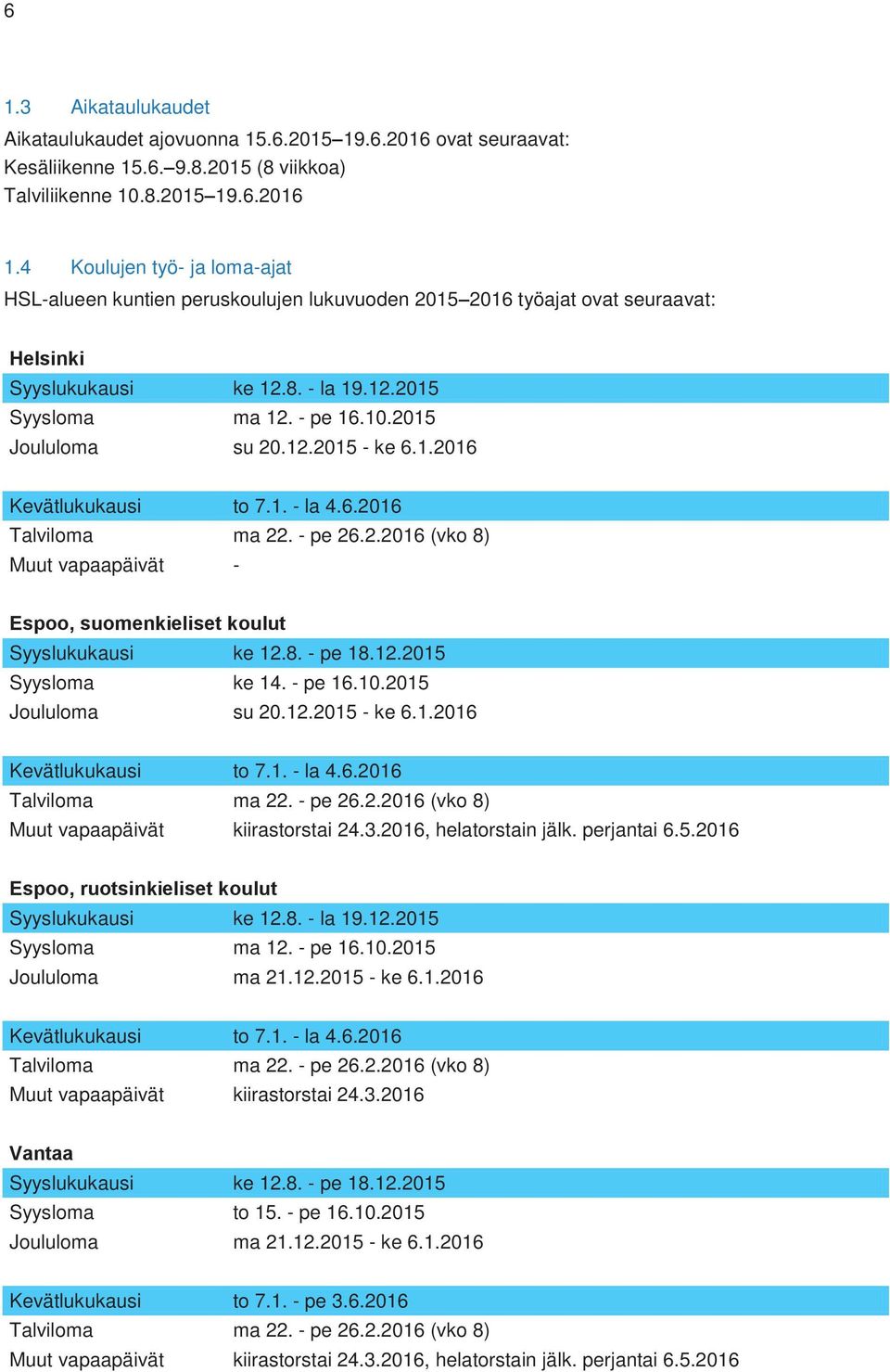 2015 Joululoma su 20.12.2015 - ke 6.1.2016 Kevätlukukausi to 7.1. - la 4.6.2016 Talviloma ma 22. - pe 26.2.2016 (vko 8) Muut vapaapäivät - Espoo, suomenkieliset koulut Syyslukukausi ke 12.8. - pe 18.