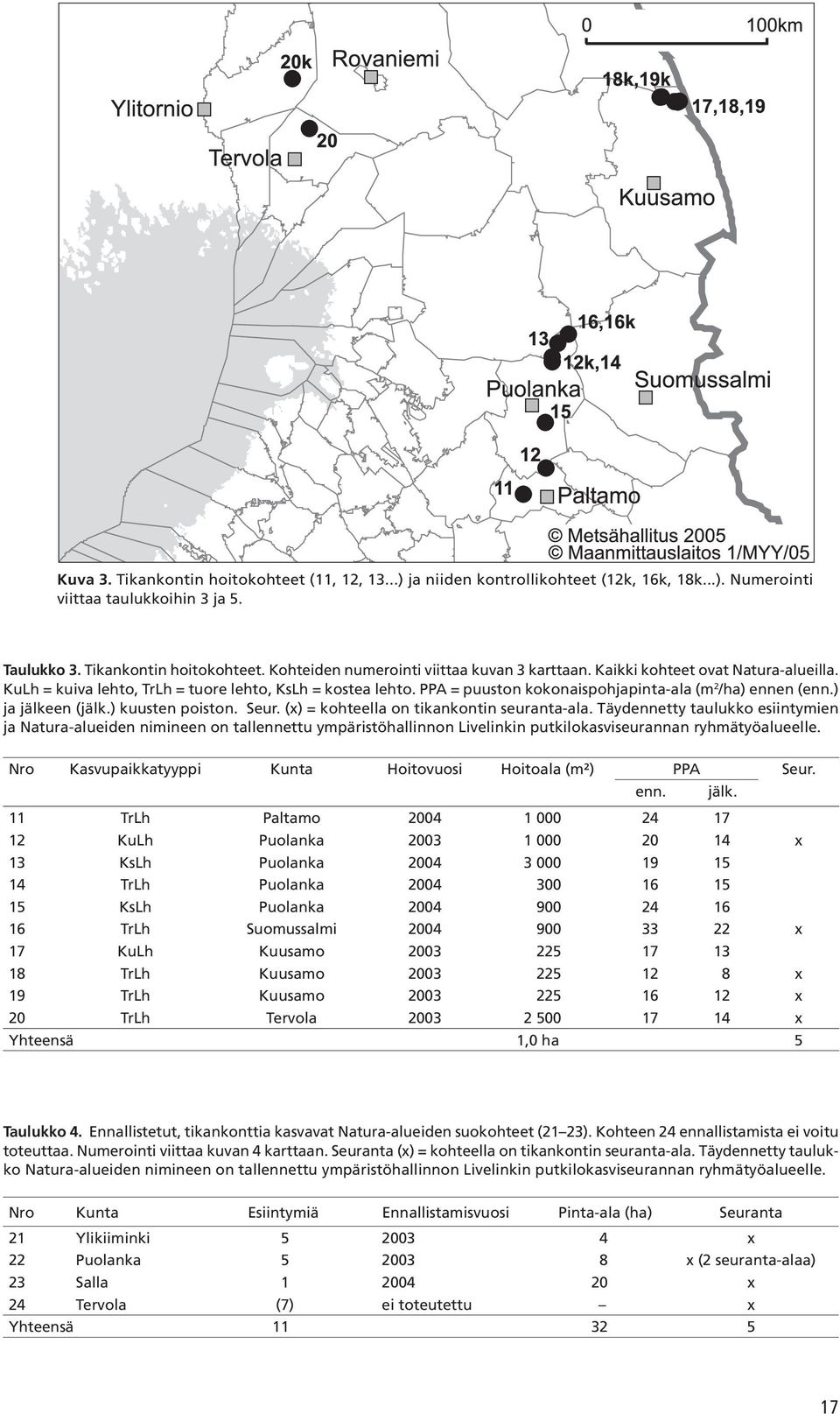 (x) = kohteella on tikankontin seuranta-ala. Täydennetty taulukko esiintymien ja Natura-alueiden nimineen on tallennettu ympäristöhallinnon Livelinkin putkilokasviseurannan ryhmätyöalueelle.