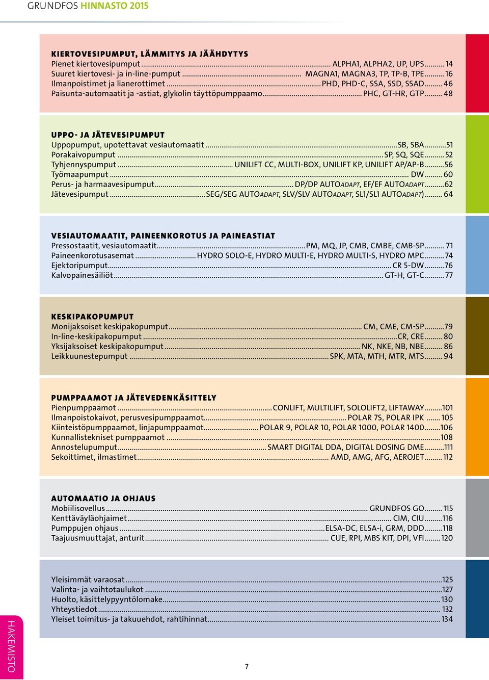 .. 48 UPPO- JA JÄTEVESIPUMPUT Uppopumput, upotettavat vesiautomaatit...sb, SBA...51 Porakaivopumput...SP, SQ, SQE...52 Tyhjennyspumput... UNILIFT CC, MULTI-BOX, UNILIFT KP, UNILIFT AP/AP-B.