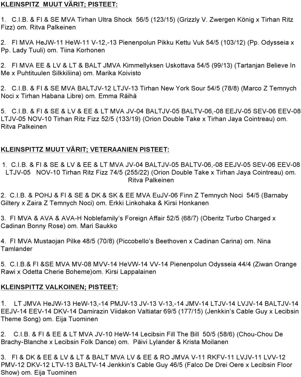FI MVA EE & LV & LT & BALT JMVA Kimmellyksen Uskottava 54/5 (99/13) (Tartanjan Believe In Me x Puhtituulen Silkkiliina) om. Marika Koivisto 2. C.I.B. & FI & SE MVA BALTJV-12 LTJV-13 Tirhan New York Sour 54/5 (78/8) (Marco Z Temnych Noci x Tirhan Habana Libre) om.