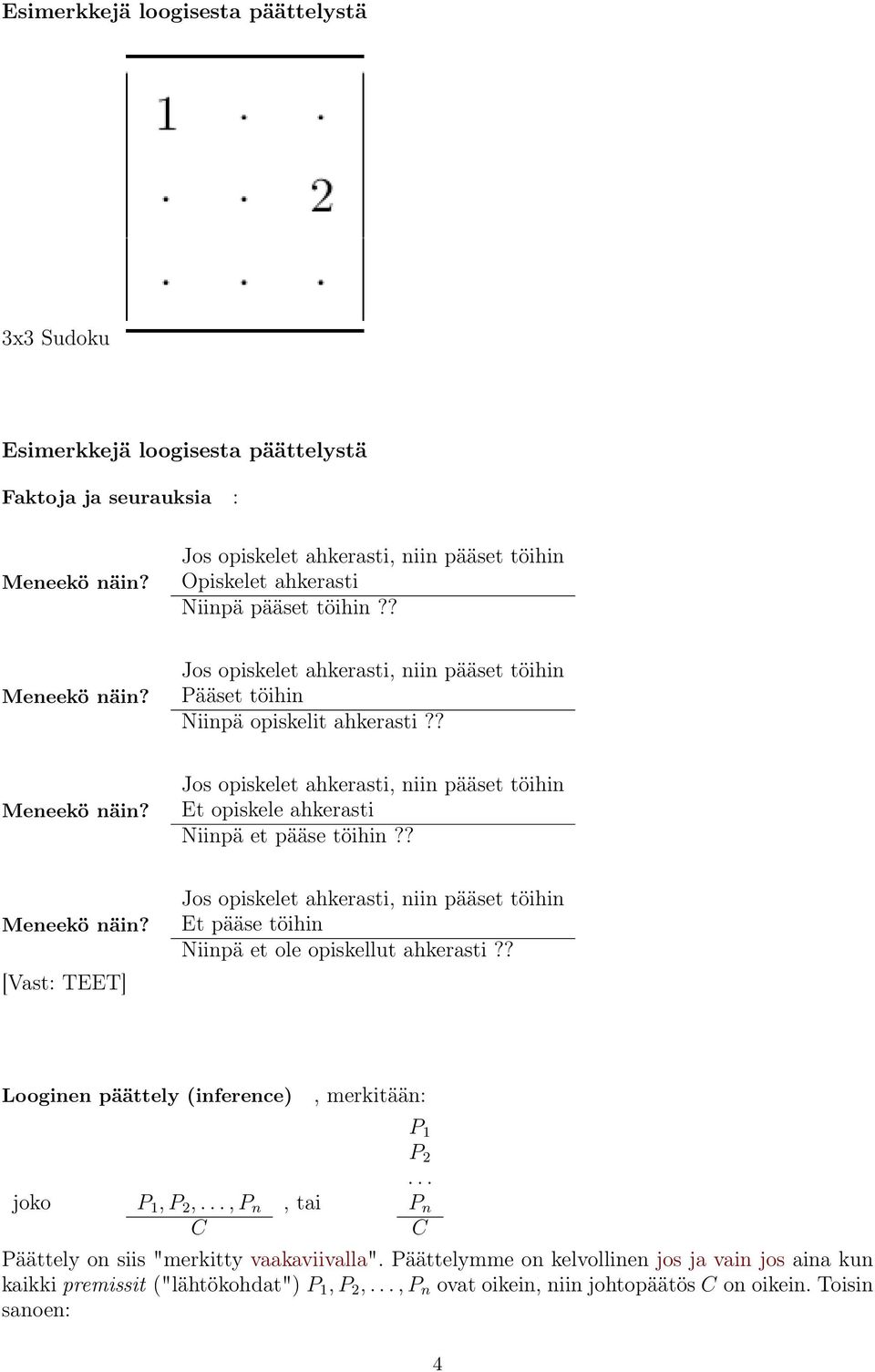 ? Meneekö näin? [Vast: TEET] Jos opiskelet ahkerasti, niin pääset töihin Et pääse töihin Niinpä et ole opiskellut ahkerasti?? Looginen päättely (inference), merkitään: P 1 P 2... joko P 1,P 2,.