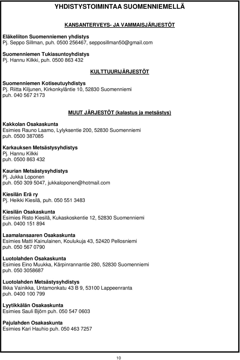 040 567 2173 MUUT JÄRJESTÖT (kalastus ja metsästys) Kakkolan Osakaskunta Esimies Rauno Laamo, Lylyksentie 200, 52830 Suomenniemi puh. 0500 387085 Karkauksen Metsästysyhdistys Pj. Hannu Kilkki puh.