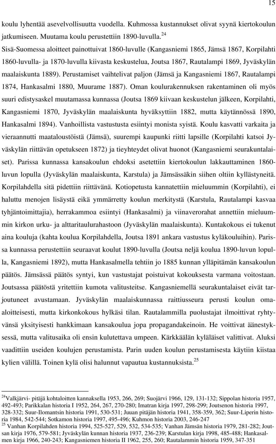 maalaiskunta 1889). Perustamiset vaihtelivat paljon (Jämsä ja Kangasniemi 1867, Rautalampi 1874, Hankasalmi 1880, Muurame 1887).