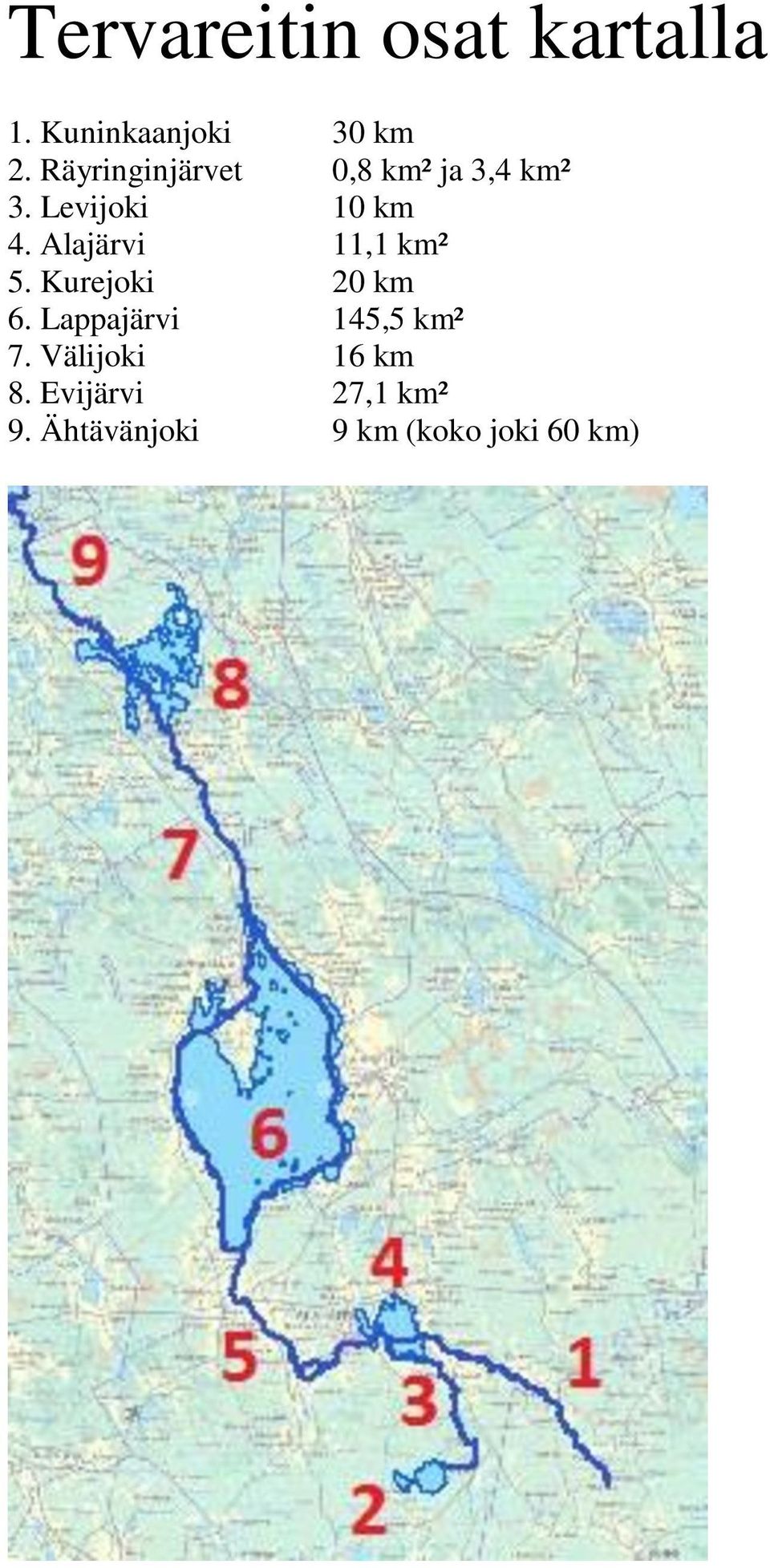 Alajärvi 11,1 km² 5. Kurejoki 20 km 6.