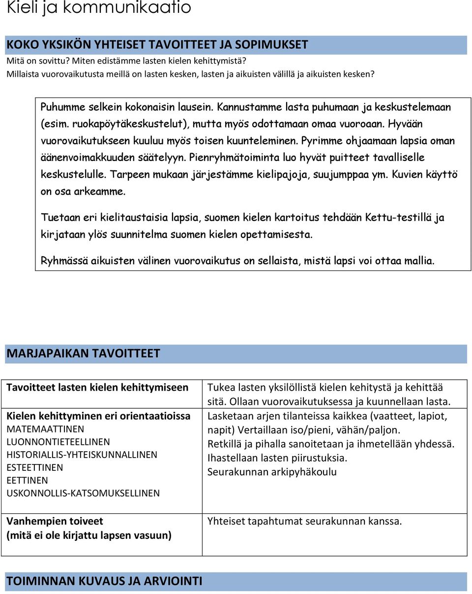 ruokapöytäkeskustelut), mutta myös odottamaan omaa vuoroaan. Hyvään vuorovaikutukseen kuuluu myös toisen kuunteleminen. Pyrimme ohjaamaan lapsia oman äänenvoimakkuuden säätelyyn.