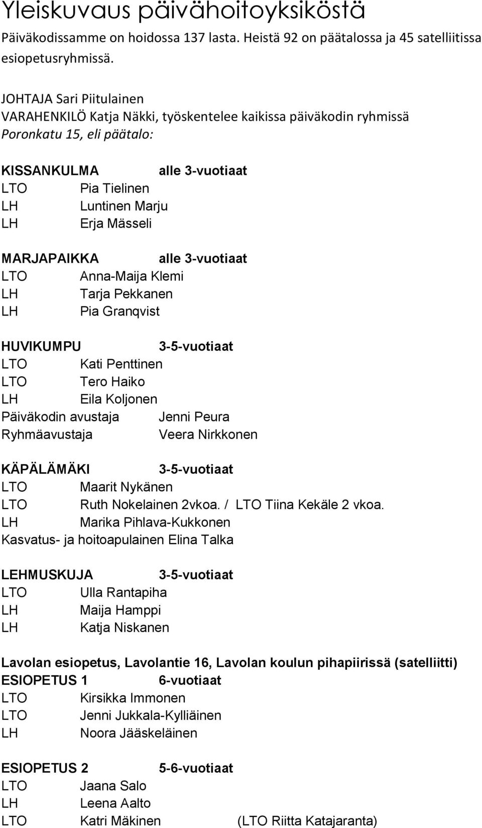 MARJAPAIKKA alle 3-vuotiaat LTO Anna-Maija Klemi LH Tarja Pekkanen LH Pia Granqvist HUVIKUMPU 3-5-vuotiaat LTO Kati Penttinen LTO Tero Haiko LH Eila Koljonen Päiväkodin avustaja Jenni Peura