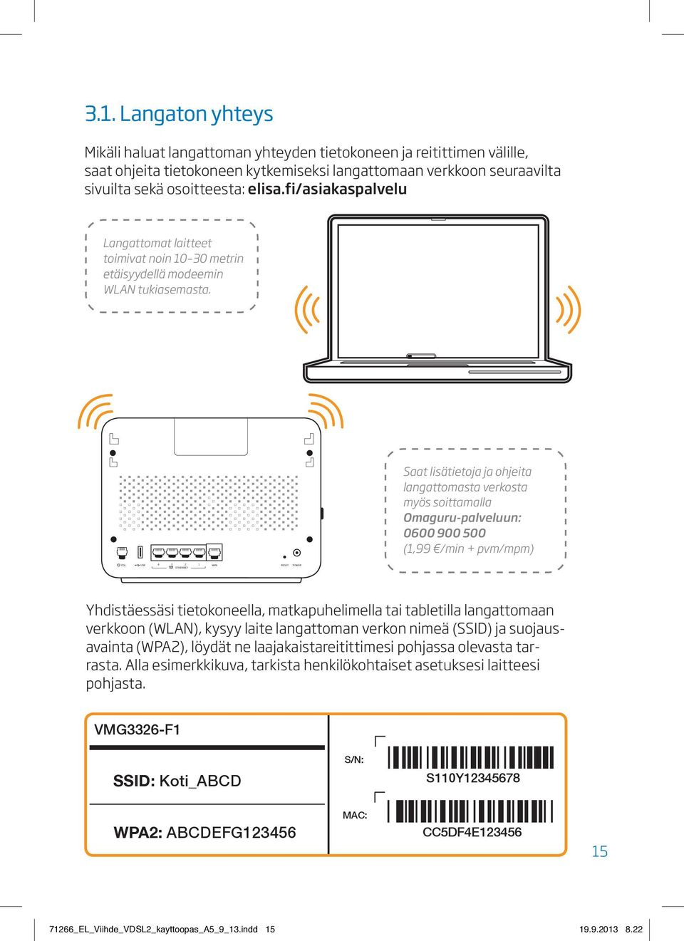 Saat lisätietoja ja ohjeita langattomasta verkosta myös soittamalla Omaguru-palveluun: 0600 900 500 (1,99 /min + pvm/mpm) DSL USB 4 3 2 1 WAN RESET POWER ETHERNET Yhdistäessäsi tietokoneella,