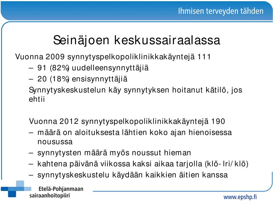 synnytyspelkopoliklinikkakäyntejä 190 määrä on aloituksesta lähtien koko ajan hienoisessa nousussa synnytysten