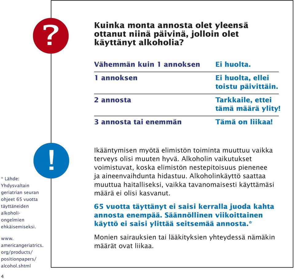 ! Ikääntymisen myötä elimistön toiminta muuttuu vaikka terveys olisi muuten hyvä. Alkoholin vaikutukset voimistuvat, koska elimistön nestepitoisuus pienenee ja aineenvaihdunta hidastuu.