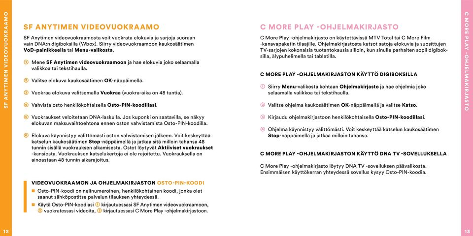 ➁ Valitse elokuva kaukosäätimen OK-näppäimellä. ➂ Vuokraa elokuva valitsemalla Vuokraa (vuokra-aika on 48 tuntia). ➃ Vahvista osto henkilökohtaisella Osto-PIN-koodillasi.