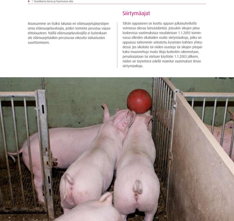 Joissakin sikojen pitoa koskevissa vaatimuksissa noudatetaan 1.1.2003 toiminnassa olleiden sikaloiden osalta siirtymäaikoja, jotka on oppaassa tarkemmin selostettu kyseisten kohtien yhteydessä.