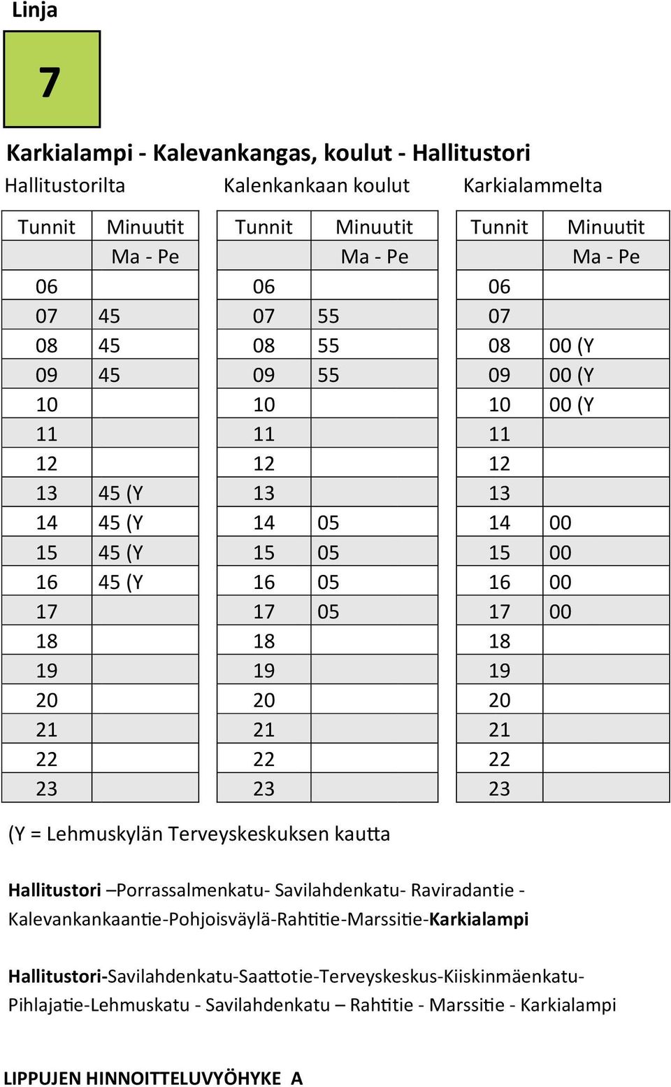 Raviradantie - Kalevankankaantie-Pohjoisväylä-Rahtitie-Marssitie-Karkialampi Tunnit Minuutit Ma - Pe 00 (Y 09 00 (Y 00 (Y 00 00 00 00
