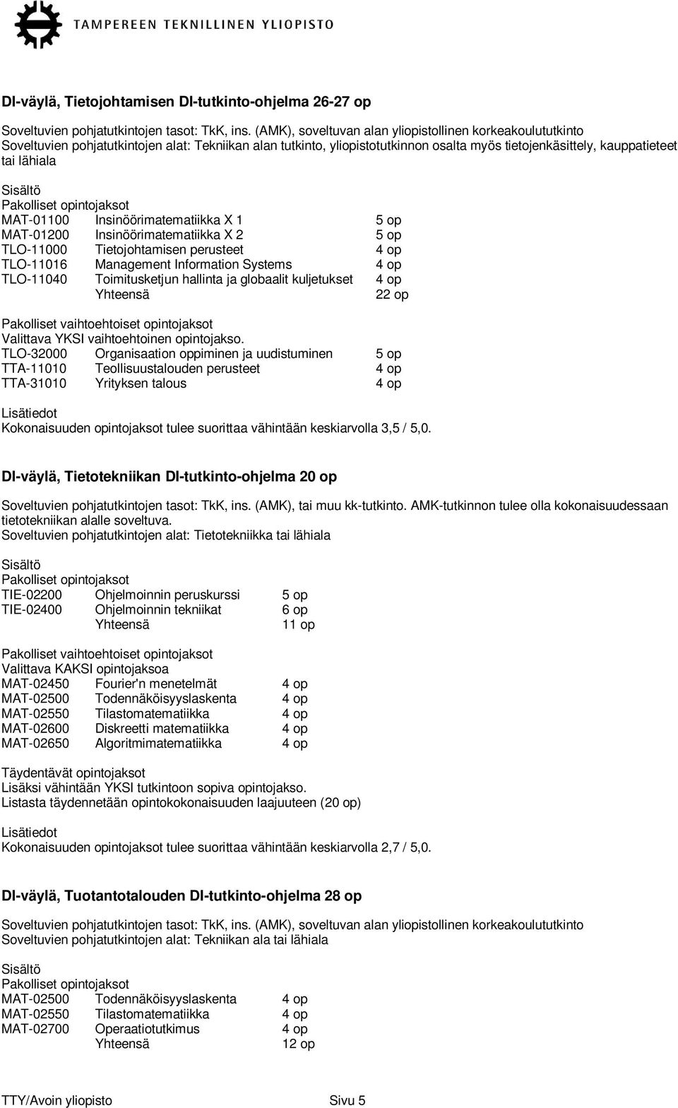 MAT-01100 Insinöörimatematiikka X 1 5 op MAT-01200 Insinöörimatematiikka X 2 5 op TLO-11000 Tietojohtamisen perusteet 4 op TLO-11016 Management Information Systems 4 op TLO-11040 Toimitusketjun