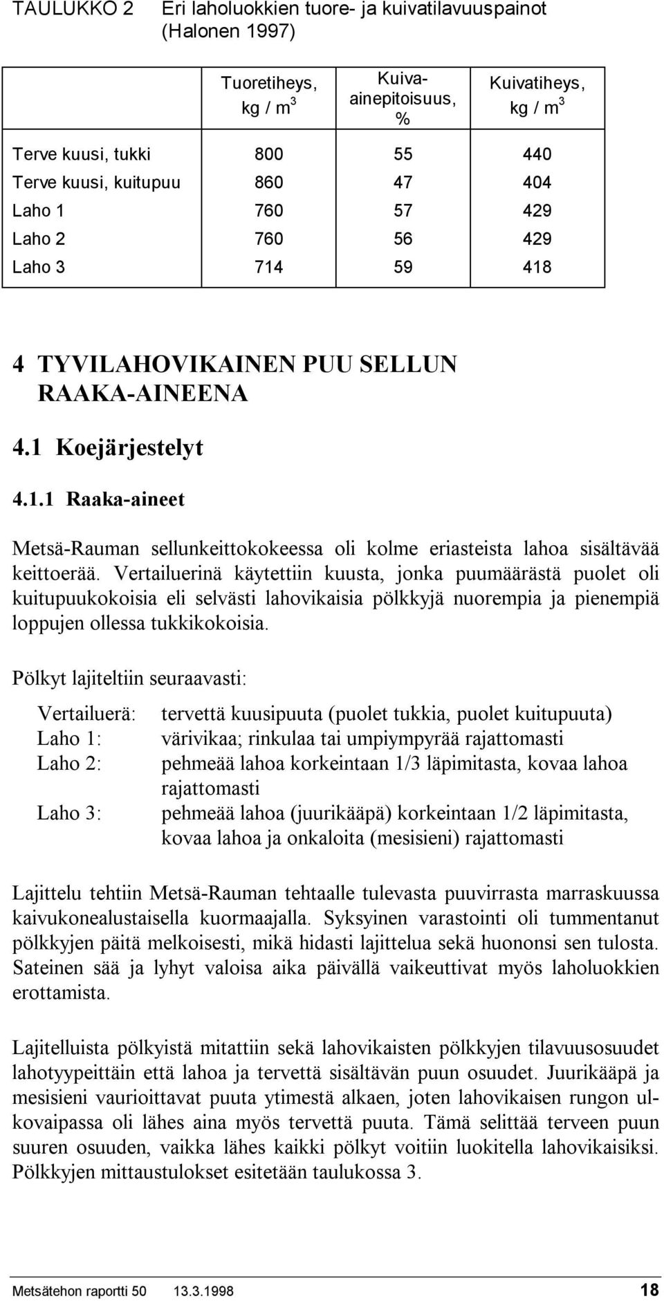 Vertailuerinä käytettiin kuusta, jonka puumäärästä puolet oli kuitupuukokoisia eli selvästi lahovikaisia pölkkyjä nuorempia ja pienempiä loppujen ollessa tukkikokoisia.