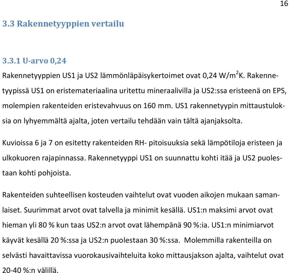 US1 rakennetyypin mittaustuloksia on lyhyemmältä ajalta, joten vertailu tehdään vain tältä ajanjaksolta.