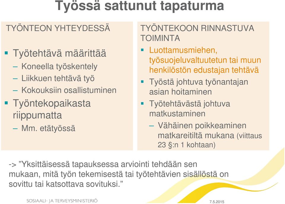 etätyössä TYÖNTEKOON RINNASTUVA TOIMINTA Luottamusmiehen, työsuojeluvaltuutetun tai muun henkilöstön edustajan tehtävä Työstä johtuva työnantajan