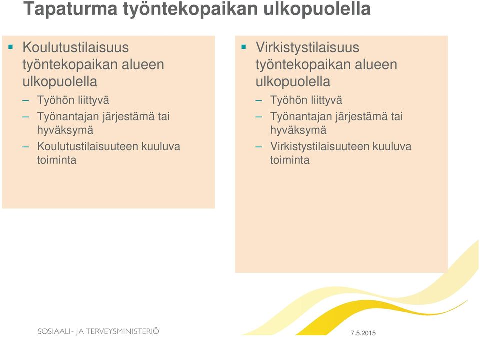 Koulutustilaisuuteen kuuluva toiminta Virkistystilaisuus työntekopaikan alueen 