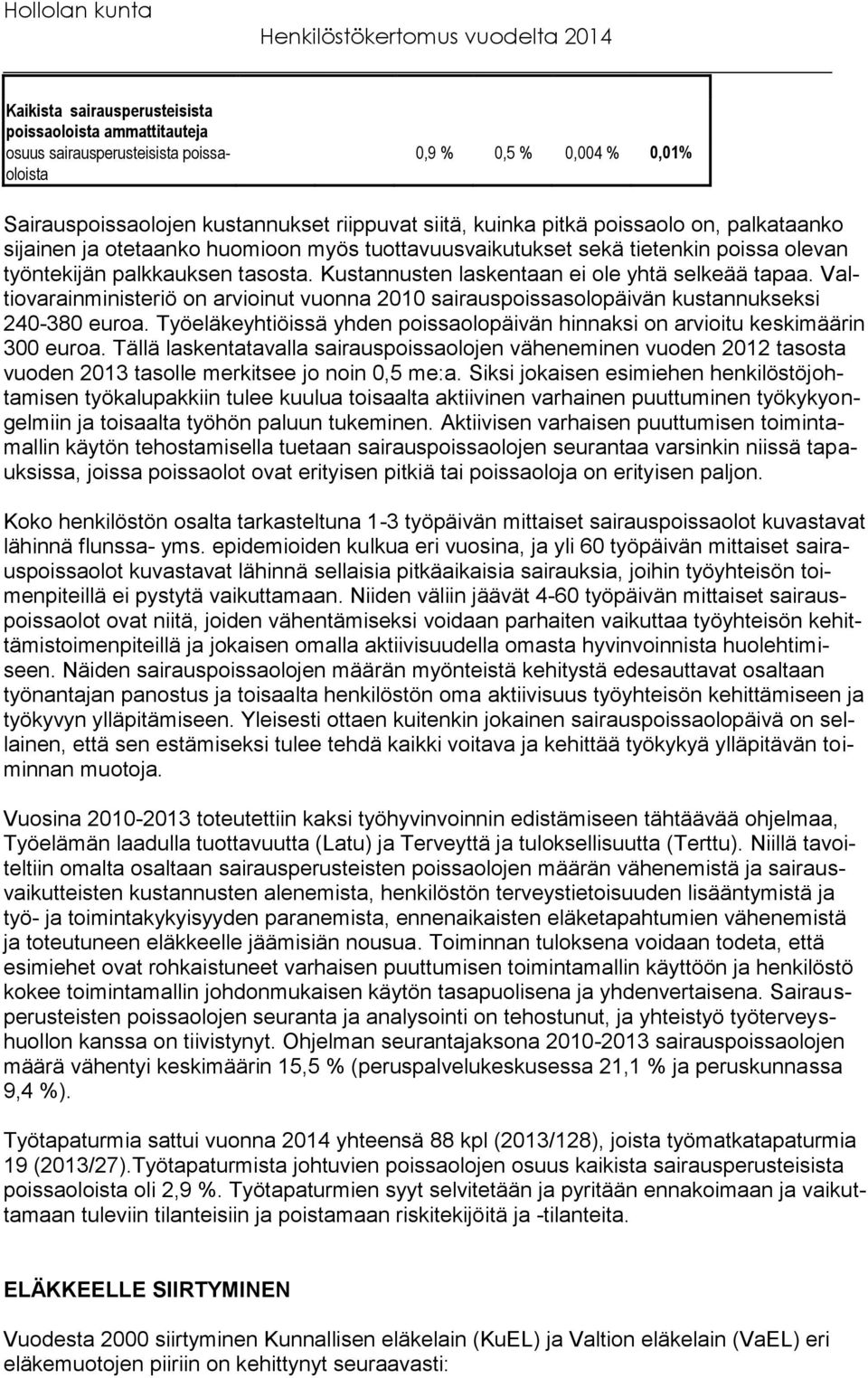 Valtiovarainministeriö on arvioinut vuonna 2010 sairauspoissasolopäivän kustannukseksi 240-380 euroa. Työeläkeyhtiöissä yhden poissaolopäivän hinnaksi on arvioitu keskimäärin 300 euroa.