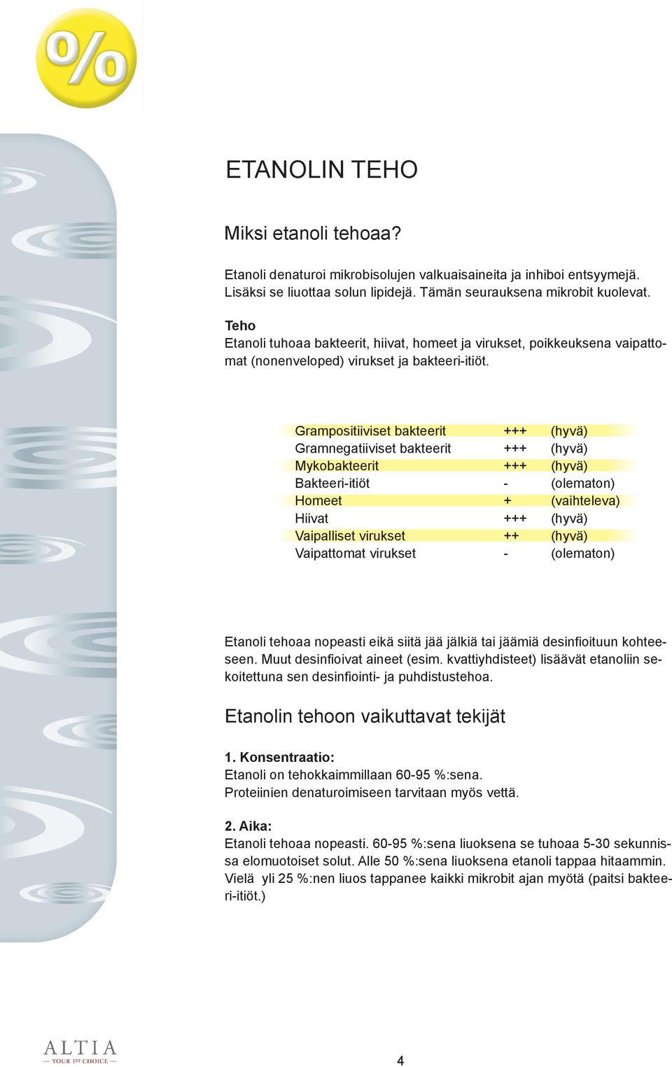 Grampositiiviset bakteerit +++ (hyvä) Gramnegatiiviset bakteerit +++ (hyvä) Mykobakteerit +++ (hyvä) Bakteeri-itiöt - (olematon) Homeet + (vaihteleva) Hiivat +++ (hyvä) Vaipalliset virukset ++ (hyvä)