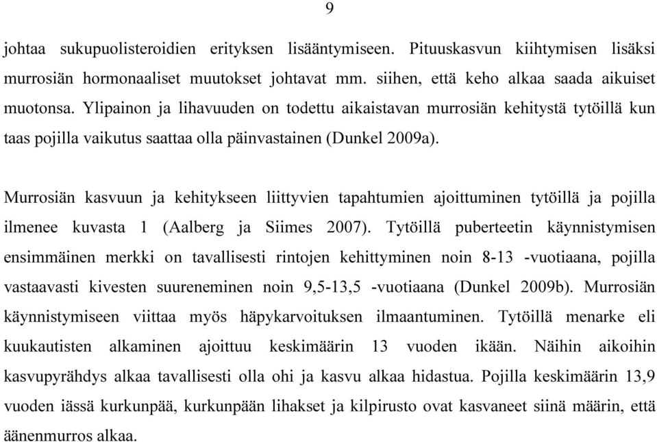 Murrosiän kasvuun ja kehitykseen liittyvien tapahtumien ajoittuminen tytöillä ja pojilla ilmenee kuvasta 1 (Aalberg ja Siimes 2007).