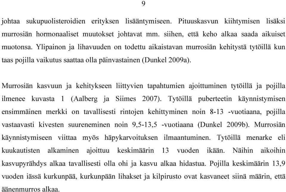 Murrosiän kasvuun ja kehitykseen liittyvien tapahtumien ajoittuminen tytöillä ja pojilla ilmenee kuvasta 1 (Aalberg ja Siimes 2007).