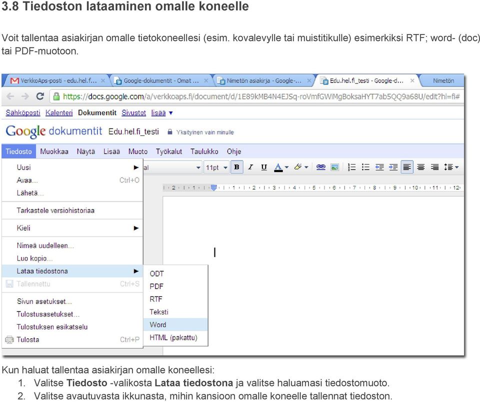 Kun haluat tallentaa asiakirjan omalle koneellesi: 1.