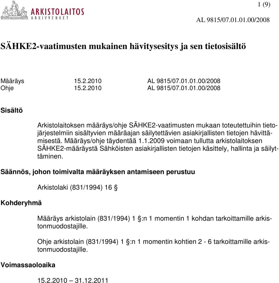 Määräys/ohje täydentää 1.1.2009 voimaan tullutta arkistolaitoksen SÄHKE2-määräystä Sähköisten asiakirjallisten tietojen käsittely, hallinta ja säilyttäminen.