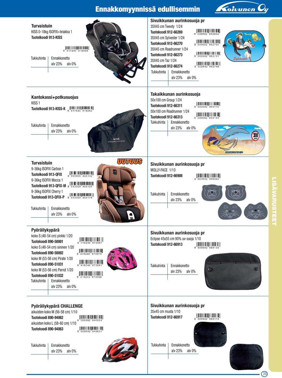 Roadrunner 1/24 Tuotekoodi 912-66313 Turvaistuin 9-36kg ISOFIX Carbon 1 Tuotelkoodi 913-QFIX 9-36kg ISOFIX Mocca 1 Tuotelkoodi 913-QFIX-M 9-36kg ISOFIX Cherry 1 Tuotekoodi 913-QFIX-P Sivuikkunan