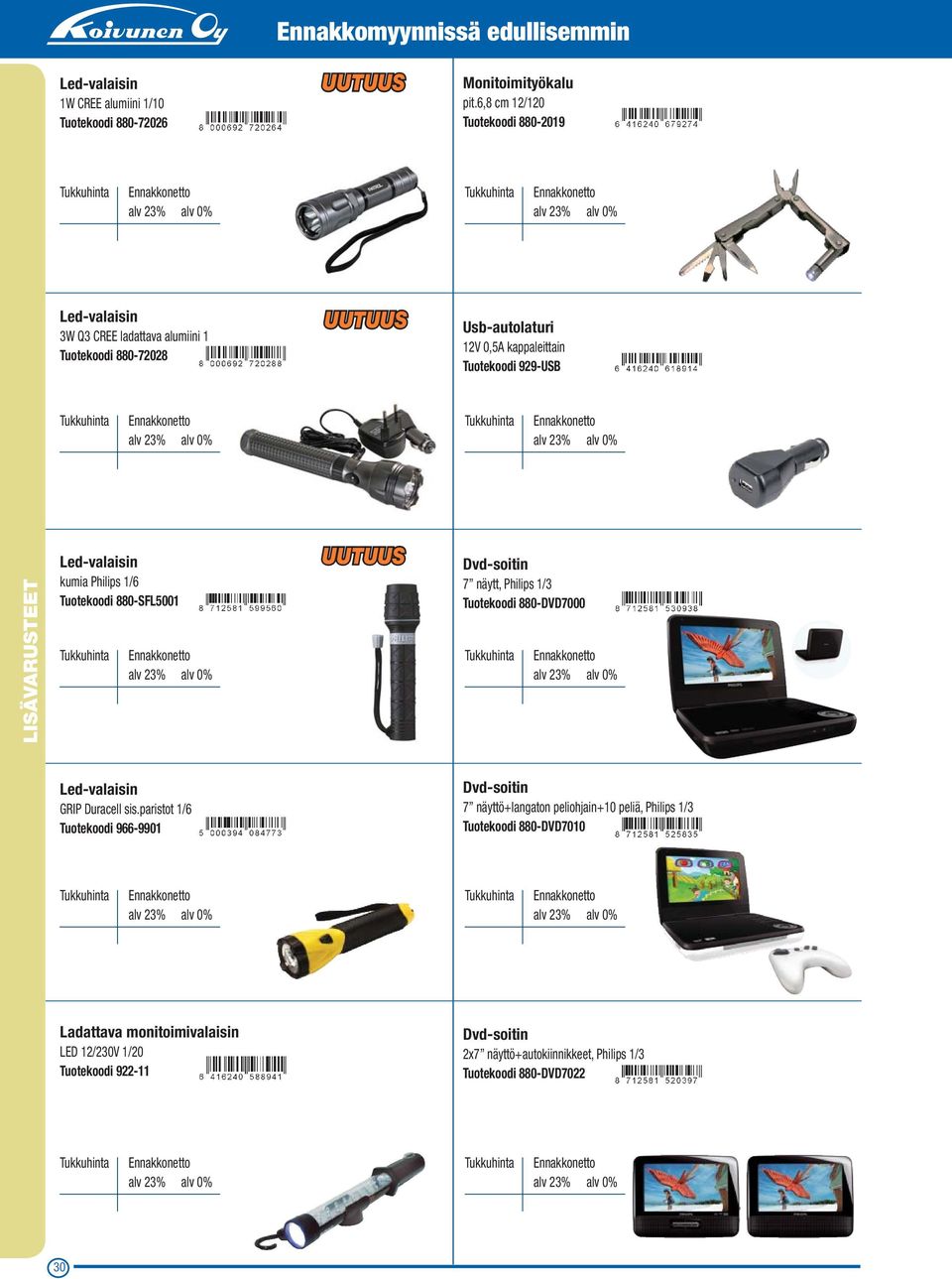Led-valaisin kumia Philips 1/6 Tuotekoodi 880-SFL5001 Dvd-soitin 7 näytt, Philips 1/3 Tuotekoodi 880-DVD7000 Led-valaisin GRIP Duracell sis.