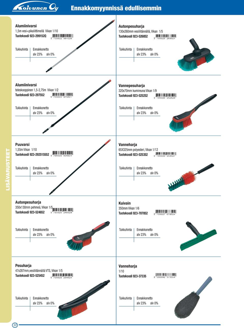 Vikan 1/10 Tuotekoodi 923-292515552 Vanneharja 65X325mm polyesteri, Vikan 1/12 Tuotekoodi 923-525352 Autonpesuharja 350x130mm pehmeä, Vikan 1/5 Tuotekoodi