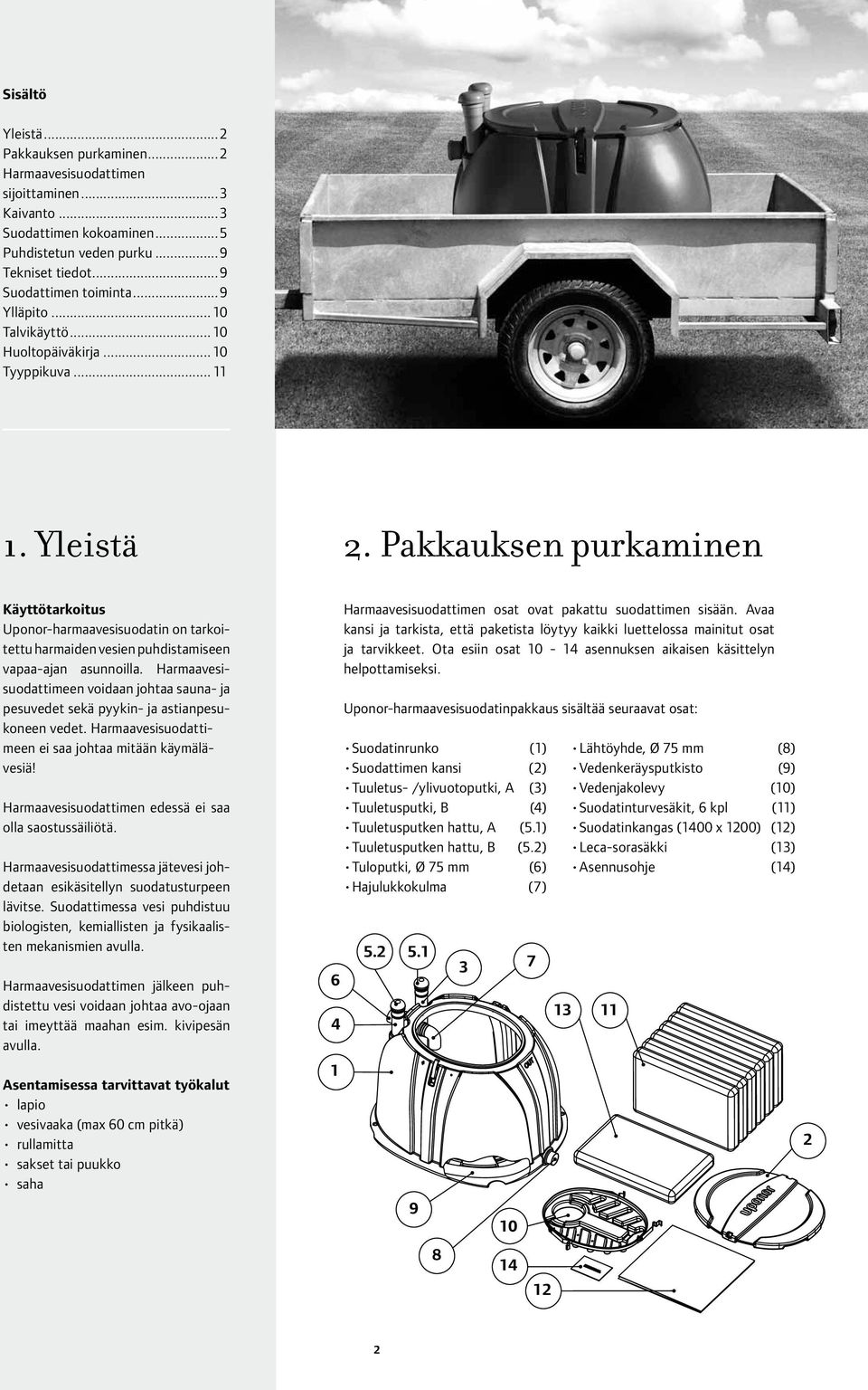 Pakkauksen purkaminen Käyttötarkoitus Uponor-harmaavesisuodatin on tarkoitettu harmaiden vesien puhdistamiseen vapaa-ajan asunnoilla.