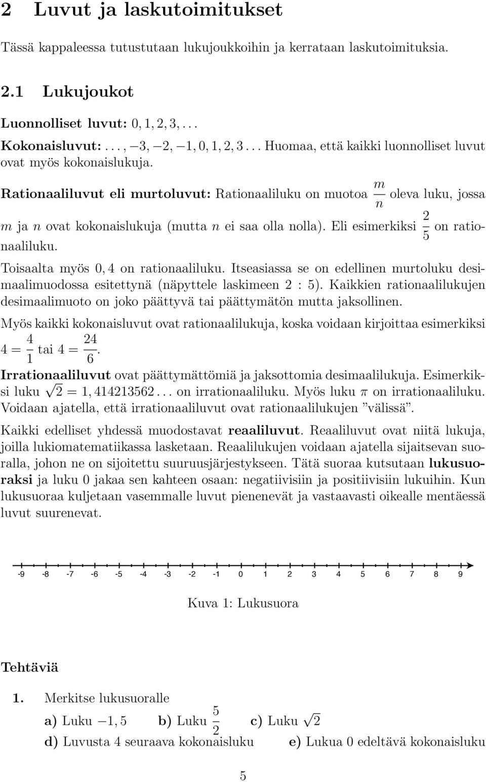 Rationaaliluvut eli murtoluvut: Rationaaliluku on muotoa m n oleva luku, jossa m ja n ovat kokonaislukuja (mutta n ei saa olla nolla). Eli esimerkiksi 2 on rationaaliluku.