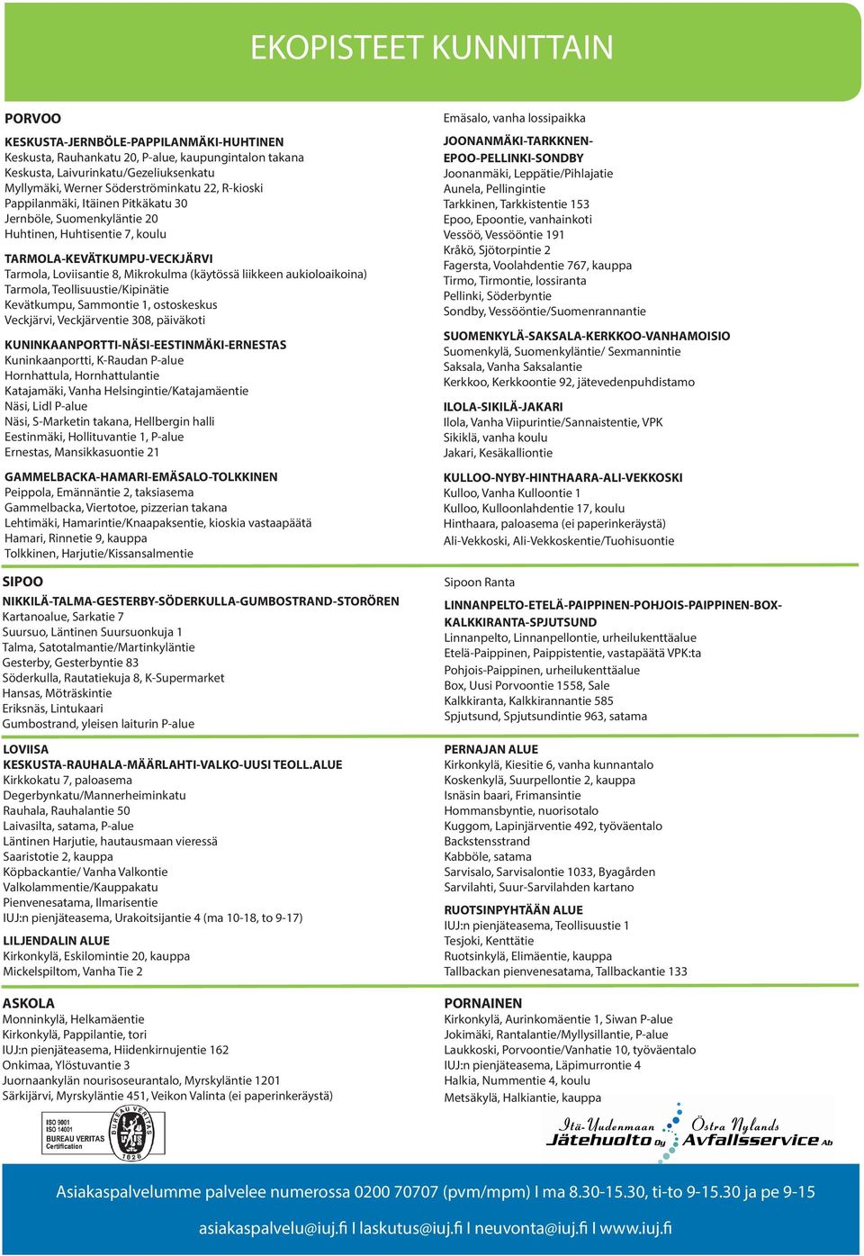 aukioloaikoina) Tarmola, Teollisuustie/Kipinätie Kevätkumpu, Sammontie 1, ostoskeskus Veckjärvi, Veckjärventie 308, päiväkoti KUNINKAANPORTTI-NÄSI-EESTINMÄKI-ERNESTAS Kuninkaanportti, K-Raudan P-alue