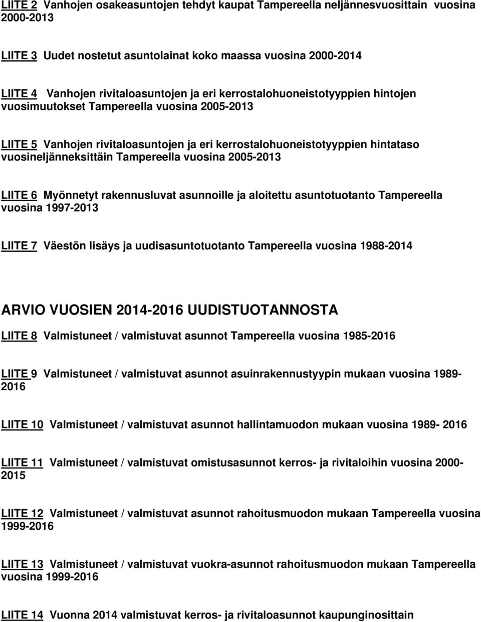 vuosina 25-213 LIITE 6 Myönnetyt rakennusluvat asunnoille ja aloitettu asuntotuotanto Tampereella vuosina 1997-213 LIITE 7 Väestön lisäys ja uudisasuntotuotanto Tampereella vuosina 1988-214 ARVIO