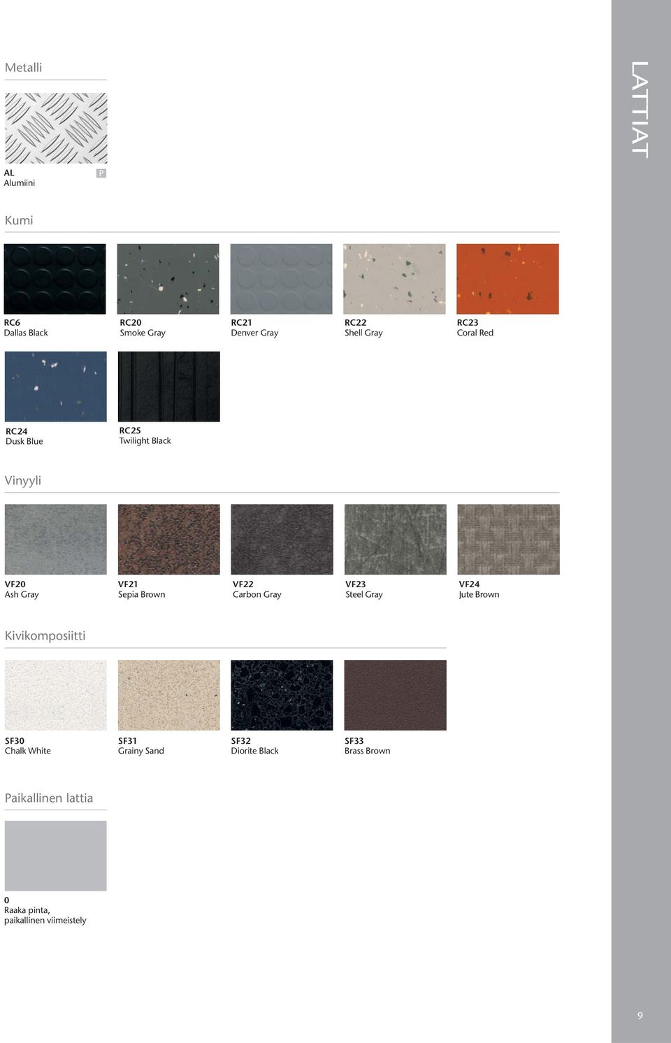 VF22 Carbon Gray VF23 Steel Gray VF24 Jute Brown Kivikomposiitti SF30 Chalk White SF31 Grainy