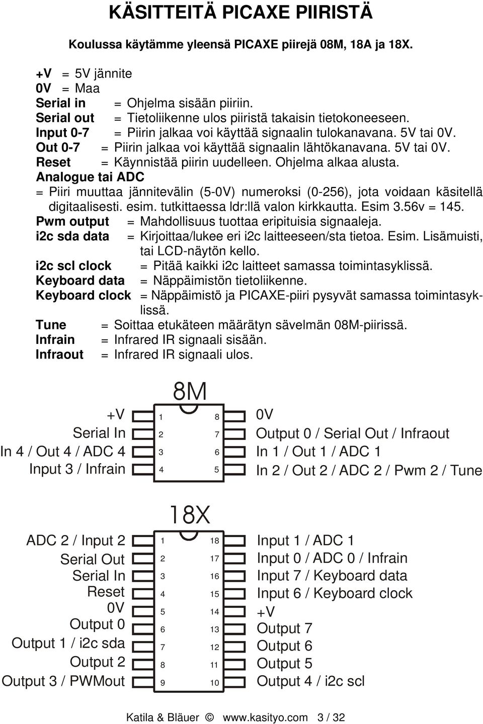 5V tai 0V. Reset = Käynnistää piirin uudelleen. Ohjelma alkaa alusta. Analogue tai ADC = Piiri muuttaa jännitevälin (5-0V) numeroksi (0-256), jota voidaan käsitellä digitaalisesti. esim.