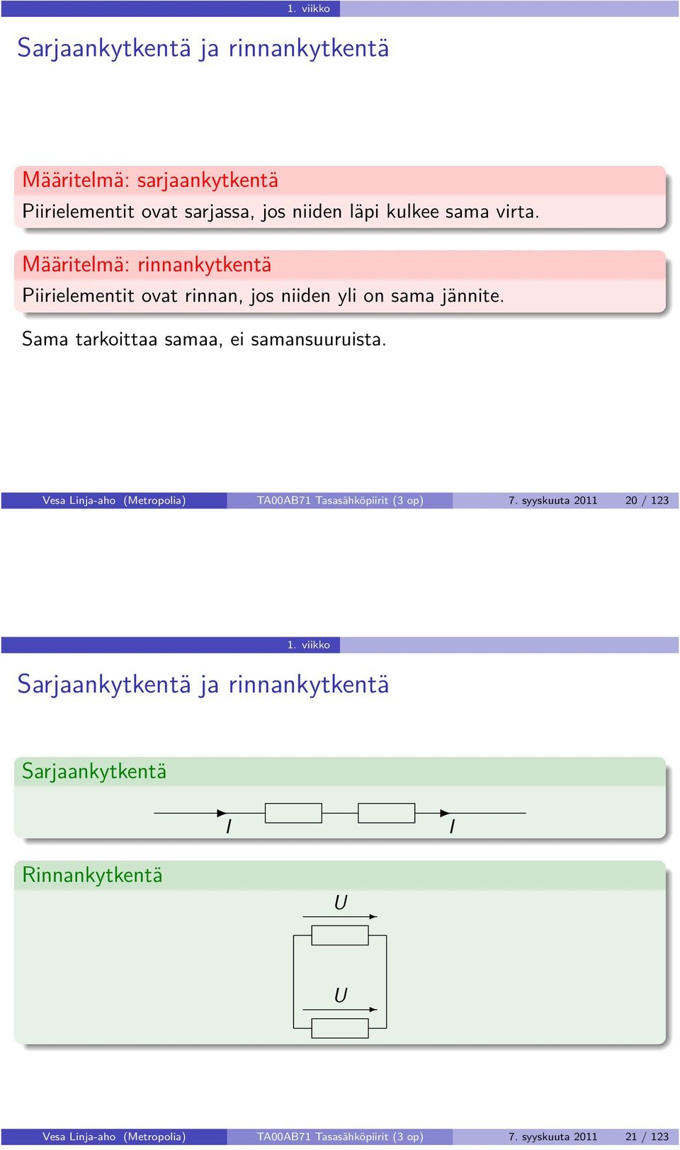 Sama tarkoittaa samaa, ei samansuuruista. Vesa Linja-aho (Metropolia) TA00AB71 Tasasähköpiirit (3 op) 7. syyskuuta 2011 20 / 123 1.